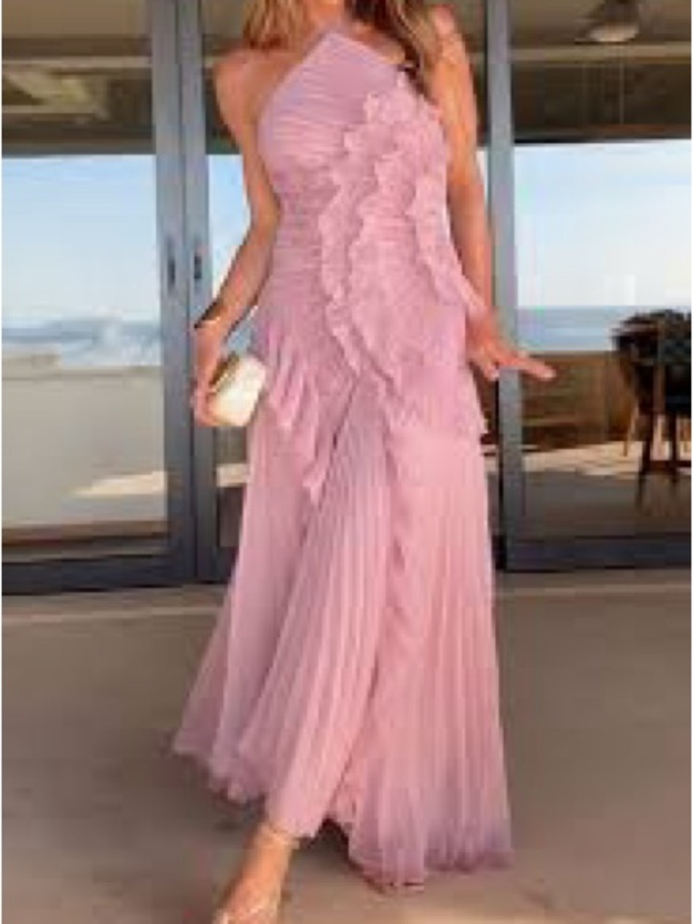 Margot Strappy Halter Neck Ruffle Trim Asymmetric Hem Pleated Maxi Dress